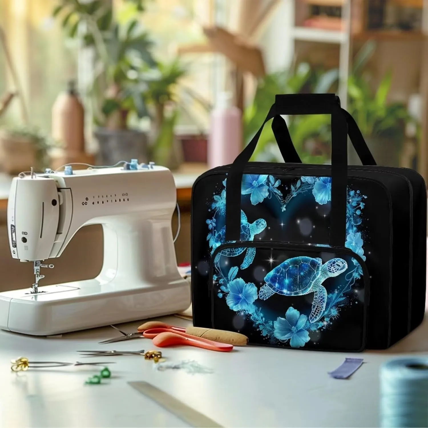 Sewing Machine Case Tote, Blue Turtle Travel Case Tote Bag for Sewing Machine, Universal Sewing Box Storage Bag Compatible with Most Standard Size Sewing Machine