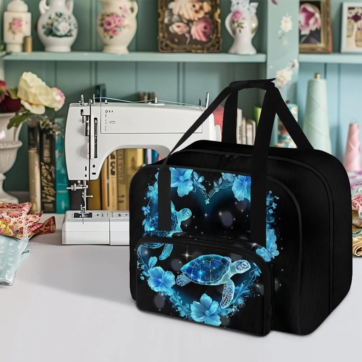 Sewing Machine Case Tote, Blue Turtle Travel Case Tote Bag for Sewing Machine, Universal Sewing Box Storage Bag Compatible with Most Standard Size Sewing Machine