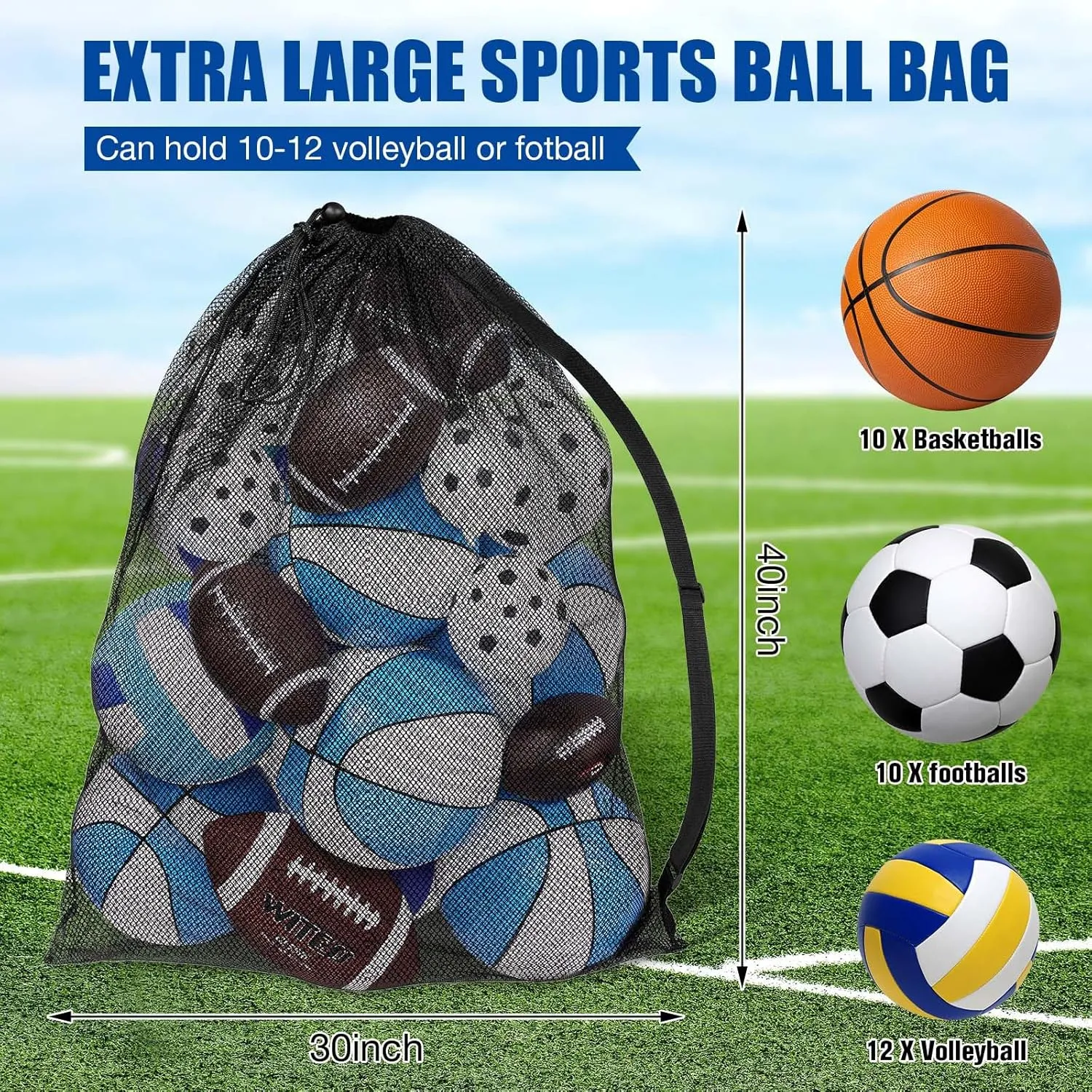 Shappy Extra Large Sports Ball Bag 30 x 40 Inches Mesh Soccer Basketball Bags Large Mesh Pouch with Adjustable Shoulder Strap for Football Volleyball Gym Sports Equipment