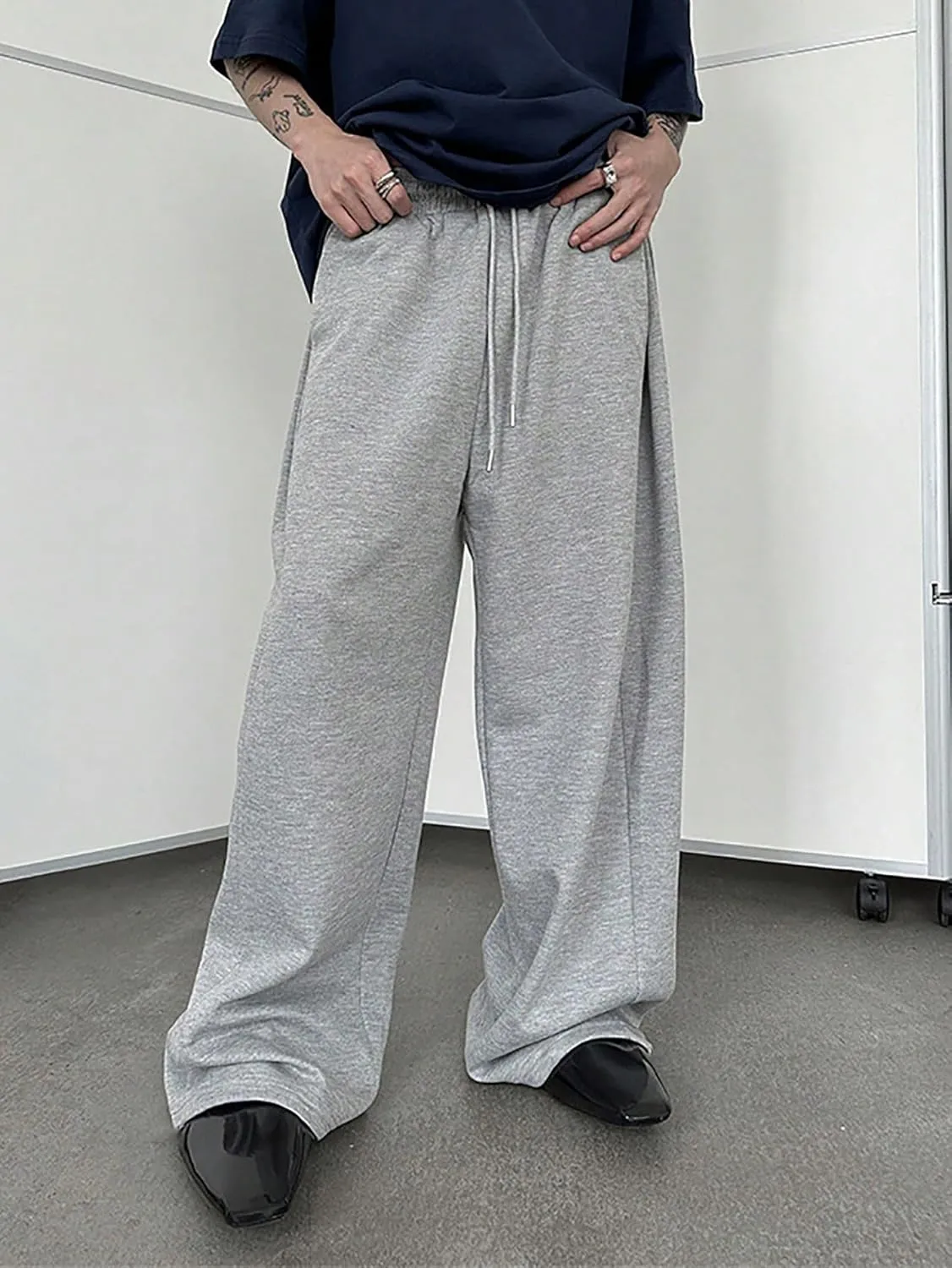 SHENHE Men's Baggy Pants Wide Leg Drawstring Waist Loose Sweatpants with Pockets