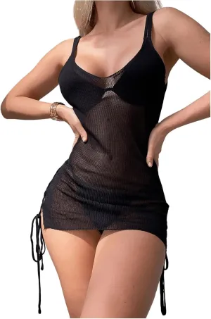 SHENHE Women's Sheer Swimsuit Cover Up Lace Up Tie Side Knit Mini Dress Beach Coverups
