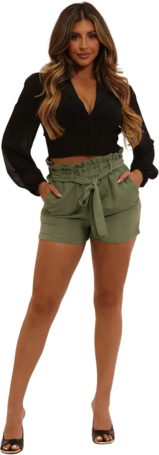 ShoSho Womens Bohemian Casual Paper Bag Waist Shorts Spring Summer Bottoms Relaxed Loose Fit with Waist Tie