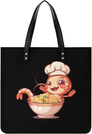 Shrimp Fried Rice Leather Tote Bag for Women Men Shoulder Bag Casual Handbag Work Bag 39x39cm