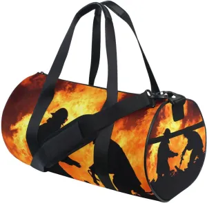 Silhouette of Two Firemen Fighting a Huge Fire of Burning Timber Portable Gym Bag, Travel Bag, Luggage bag, Sports Bag, Toiletry Bag with Handles, Detachable Shoulder Strap 17.6 x 9 x 9 inch