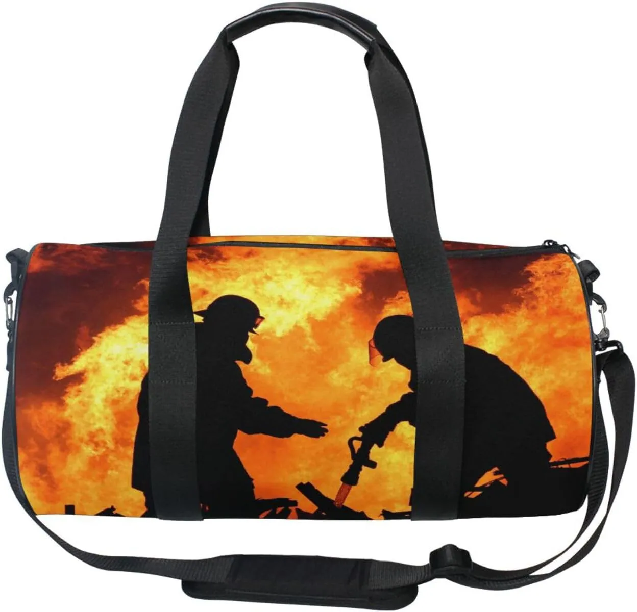 Silhouette of Two Firemen Fighting a Huge Fire of Burning Timber Portable Gym Bag, Travel Bag, Luggage bag, Sports Bag, Toiletry Bag with Handles, Detachable Shoulder Strap 17.6 x 9 x 9 inch