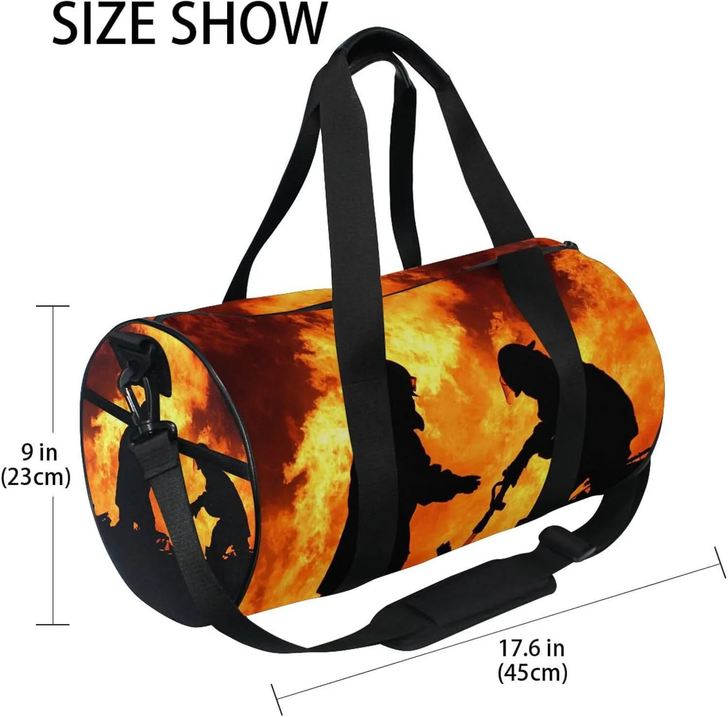 Silhouette of Two Firemen Fighting a Huge Fire of Burning Timber Portable Gym Bag, Travel Bag, Luggage bag, Sports Bag, Toiletry Bag with Handles, Detachable Shoulder Strap 17.6 x 9 x 9 inch