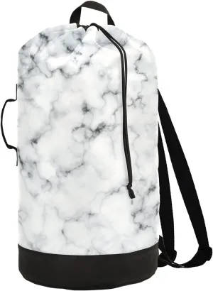 Sinestour White Marble Laundry Bag Large Heavy Duty Laundry Backpack for College Students Laundry bag with Shoulder Straps Washable for Camp Traveling Waterproof