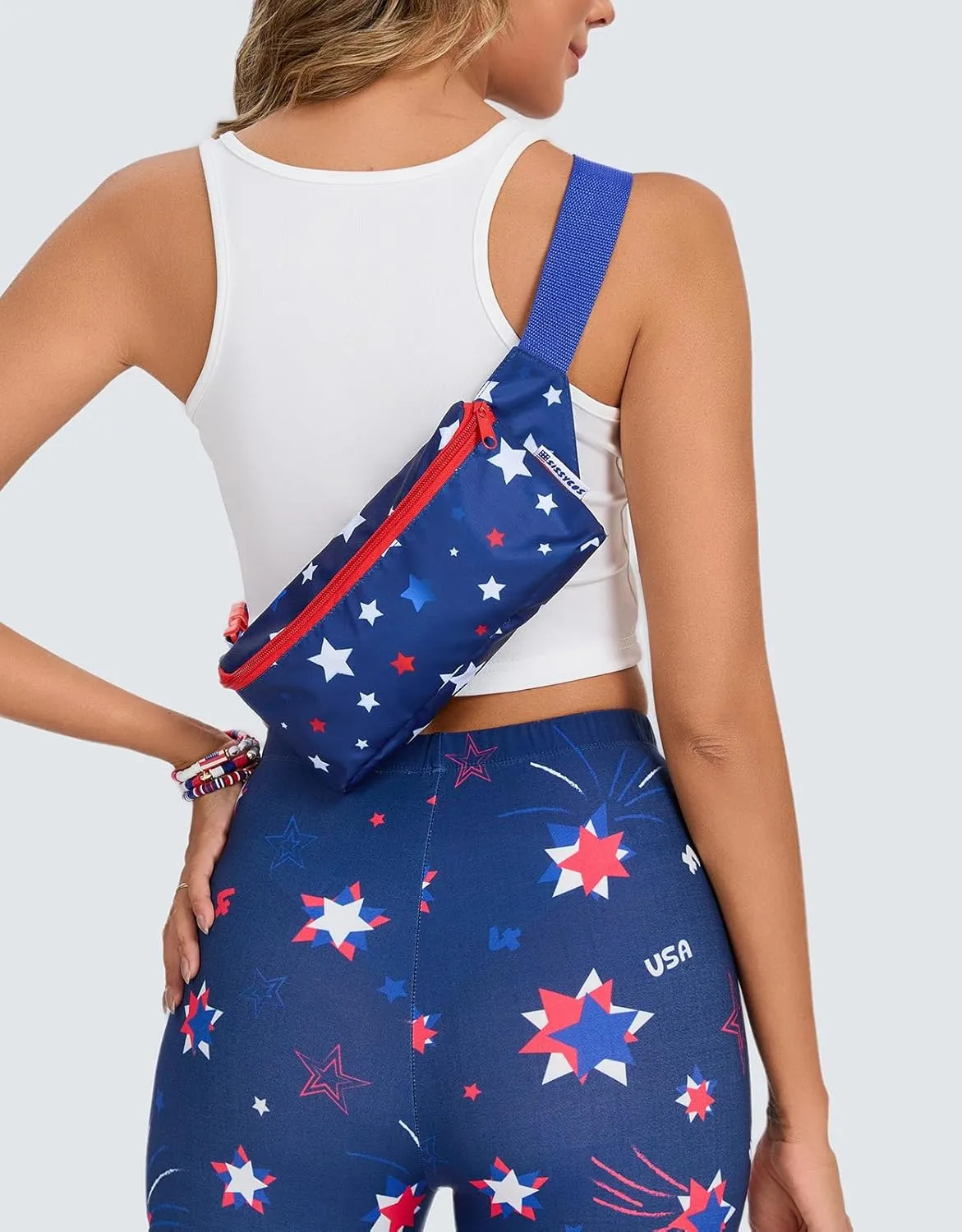 sissycos 4th of July 80s Retro Neon Fanny Pack, 90s Accessories for Women Men Waist Packs, 2 Pockets Belt Waist Crossbody Bag, American Flag Print (Patriotic Starfield)
