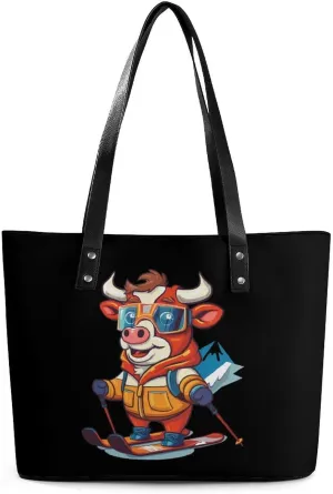 Ski Rider Cow Women's Handbag Leather Tote Bag Shoulder Bag Causal Purse Shopping Bag