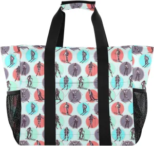 Skiers Circular Light Blue Large Tote Bag Canvas Travel Beach Diaper Bag Waterproof Pool Laundry Grocery Bags Handbags for Women Daily Shopping Vacation Essentials