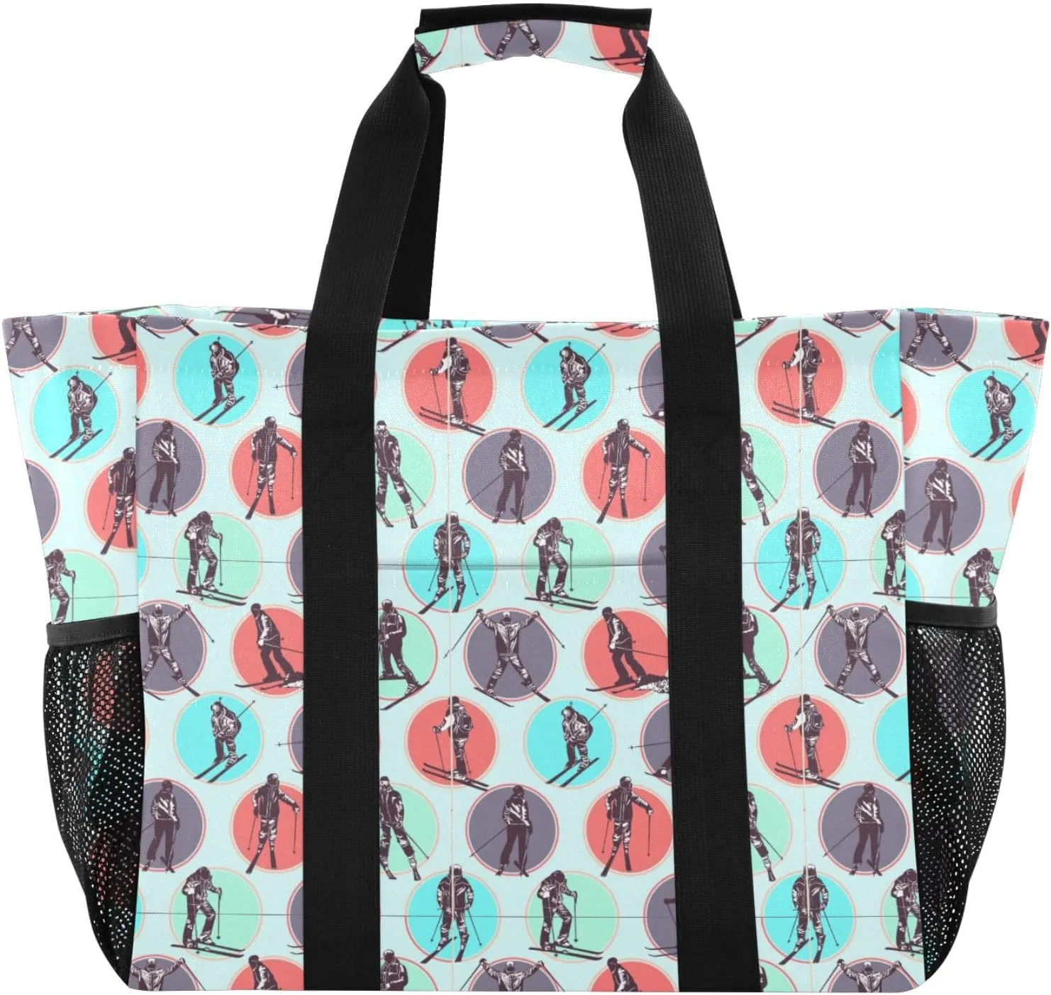 Skiers Circular Light Blue Large Tote Bag Canvas Travel Beach Diaper Bag Waterproof Pool Laundry Grocery Bags Handbags for Women Daily Shopping Vacation Essentials