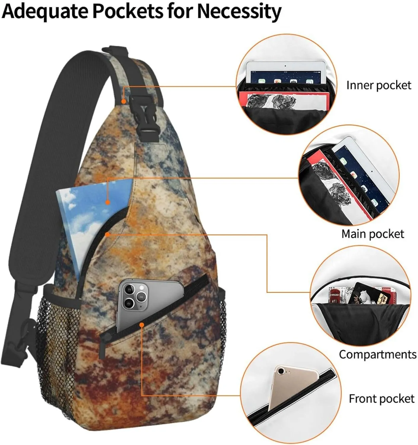 Sling Backpack Bag For Men Abstract Granite Cross Chest Bag Crossbody Shoulder Bag Travel Hiking Daypack