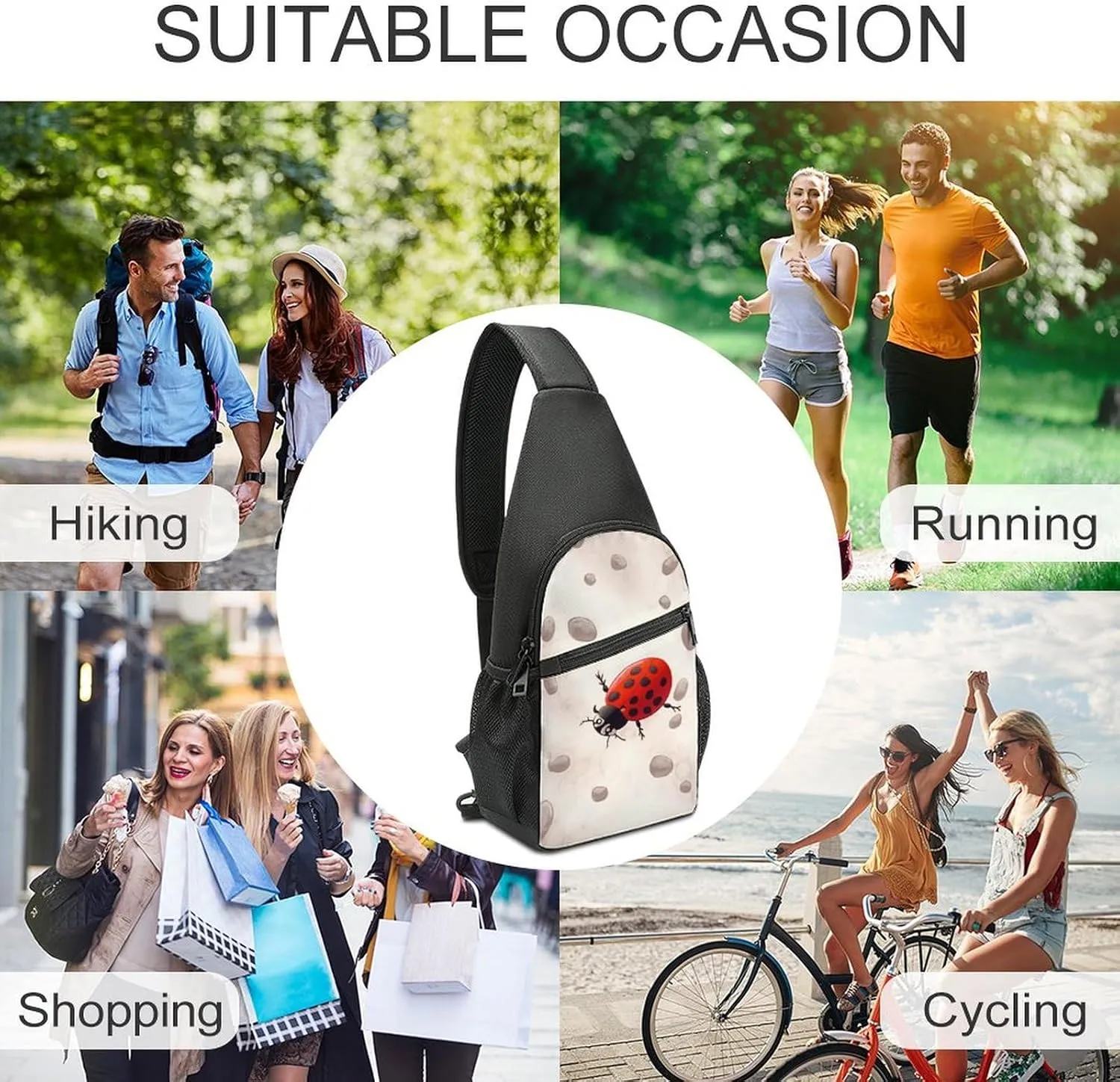 Sling Backpack for Women Men Crossbody Chest Bag Travel Art Ladybug Tracks Daypack Shoulder Bag for Hiking