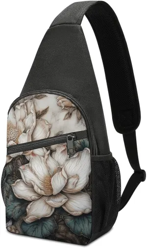 Sling Backpack for Women Men Crossbody Chest Bag Travel White Relief Flower Daypack Shoulder Bag for Hiking