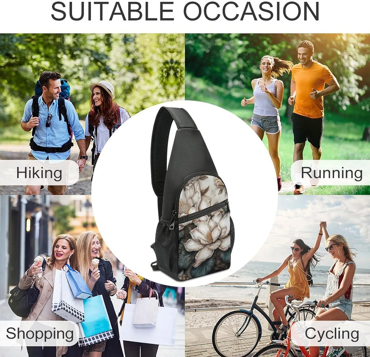 Sling Backpack for Women Men Crossbody Chest Bag Travel White Relief Flower Daypack Shoulder Bag for Hiking