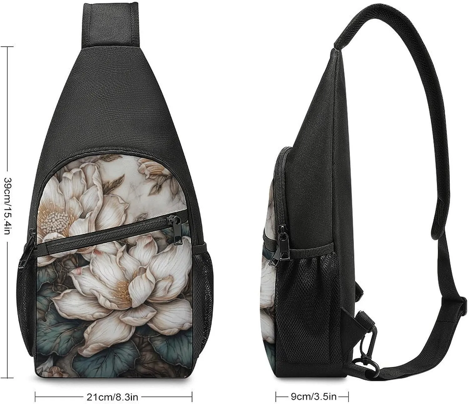 Sling Backpack for Women Men Crossbody Chest Bag Travel White Relief Flower Daypack Shoulder Bag for Hiking