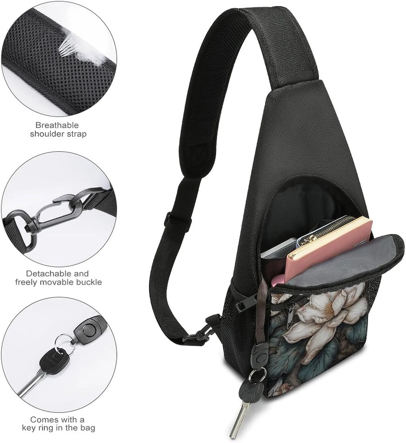 Sling Backpack for Women Men Crossbody Chest Bag Travel White Relief Flower Daypack Shoulder Bag for Hiking