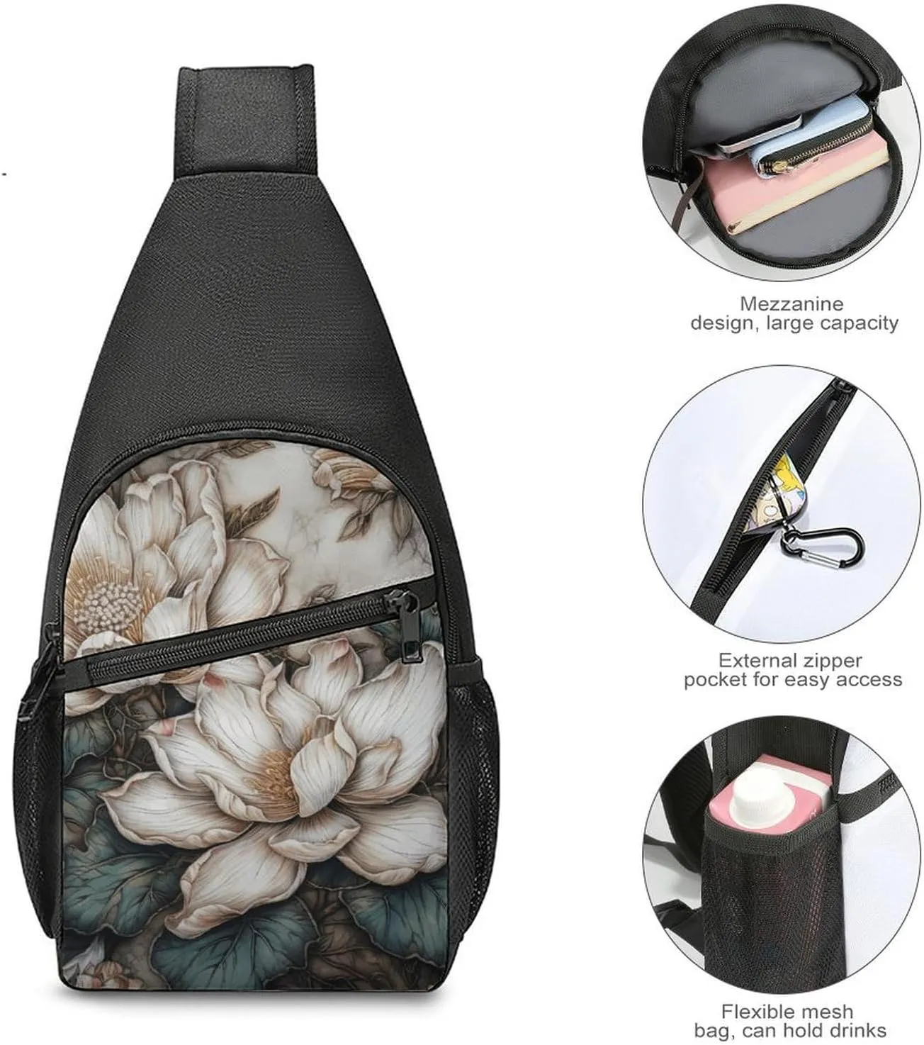 Sling Backpack for Women Men Crossbody Chest Bag Travel White Relief Flower Daypack Shoulder Bag for Hiking