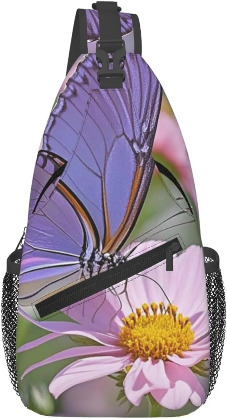 Sling Bag for Men Women Crossbody Backpack flower purple butterfly Crossbody Bag Chest Bag for Travel Sport