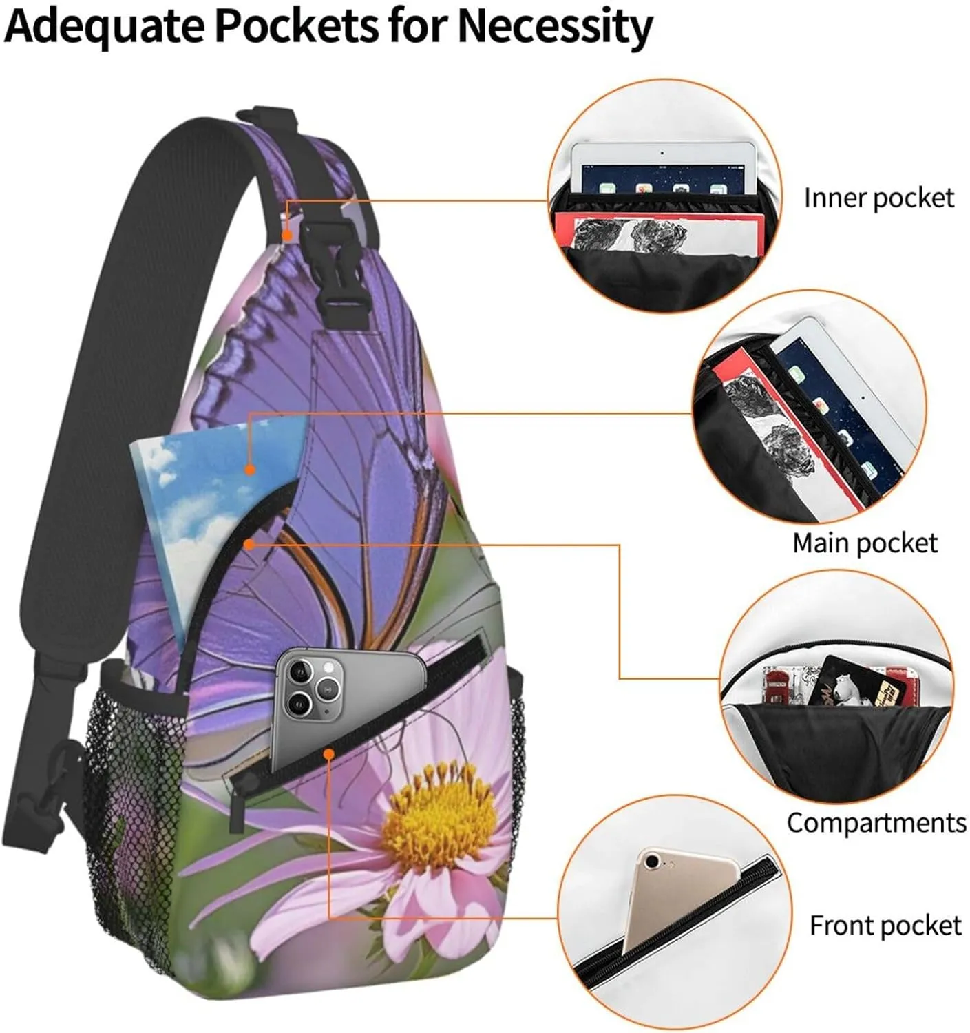Sling Bag for Men Women Crossbody Backpack flower purple butterfly Crossbody Bag Chest Bag for Travel Sport