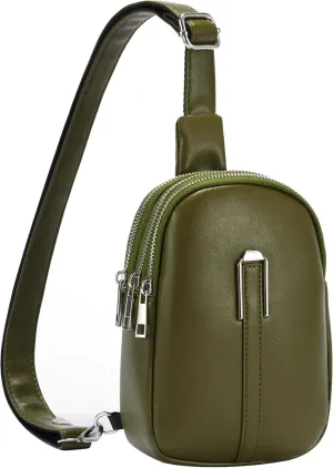 Small Bag for Women Men, PU Leather Crossbody Bag Practical Chest Bag, Travel Purse with Zipper Pockets Adjustable Strap Organizer Bag for Cell Phone Lightweight, Olive Green
