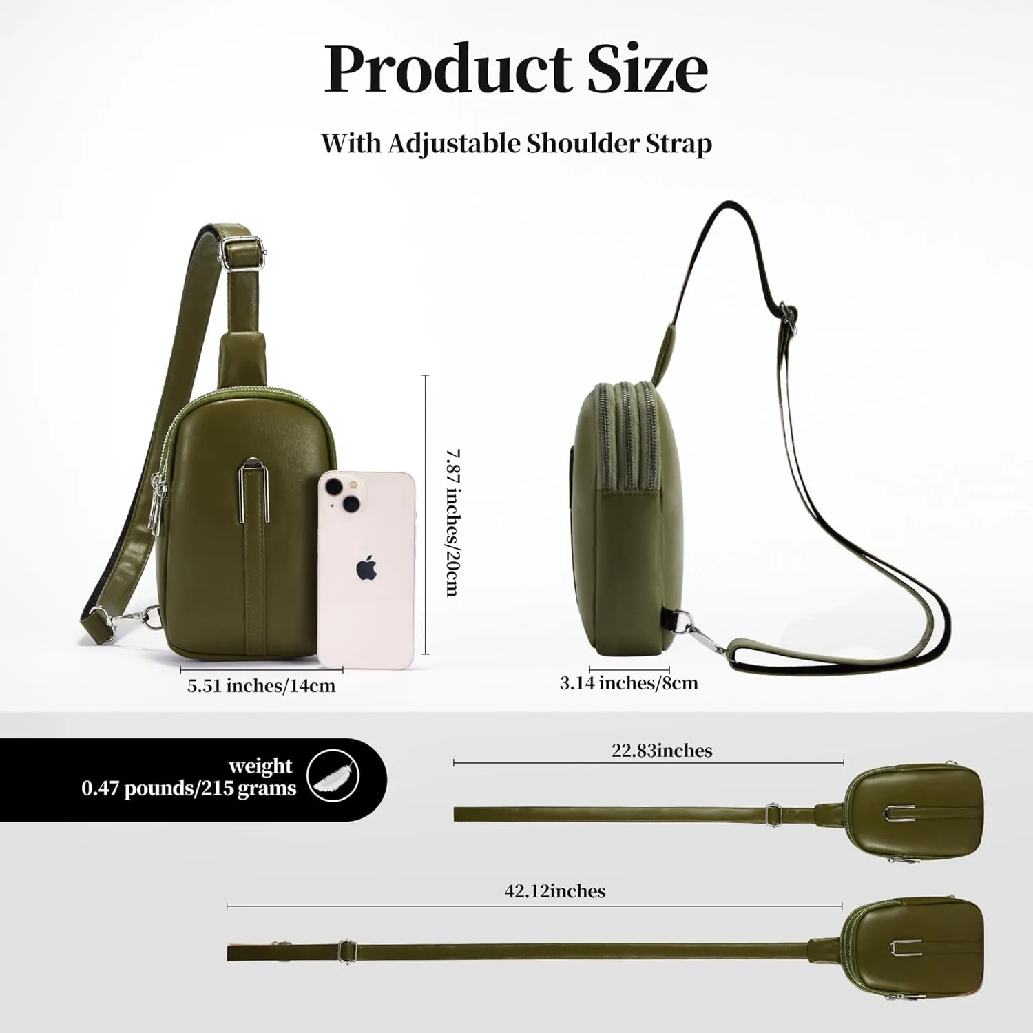 Small Bag for Women Men, PU Leather Crossbody Bag Practical Chest Bag, Travel Purse with Zipper Pockets Adjustable Strap Organizer Bag for Cell Phone Lightweight, Olive Green