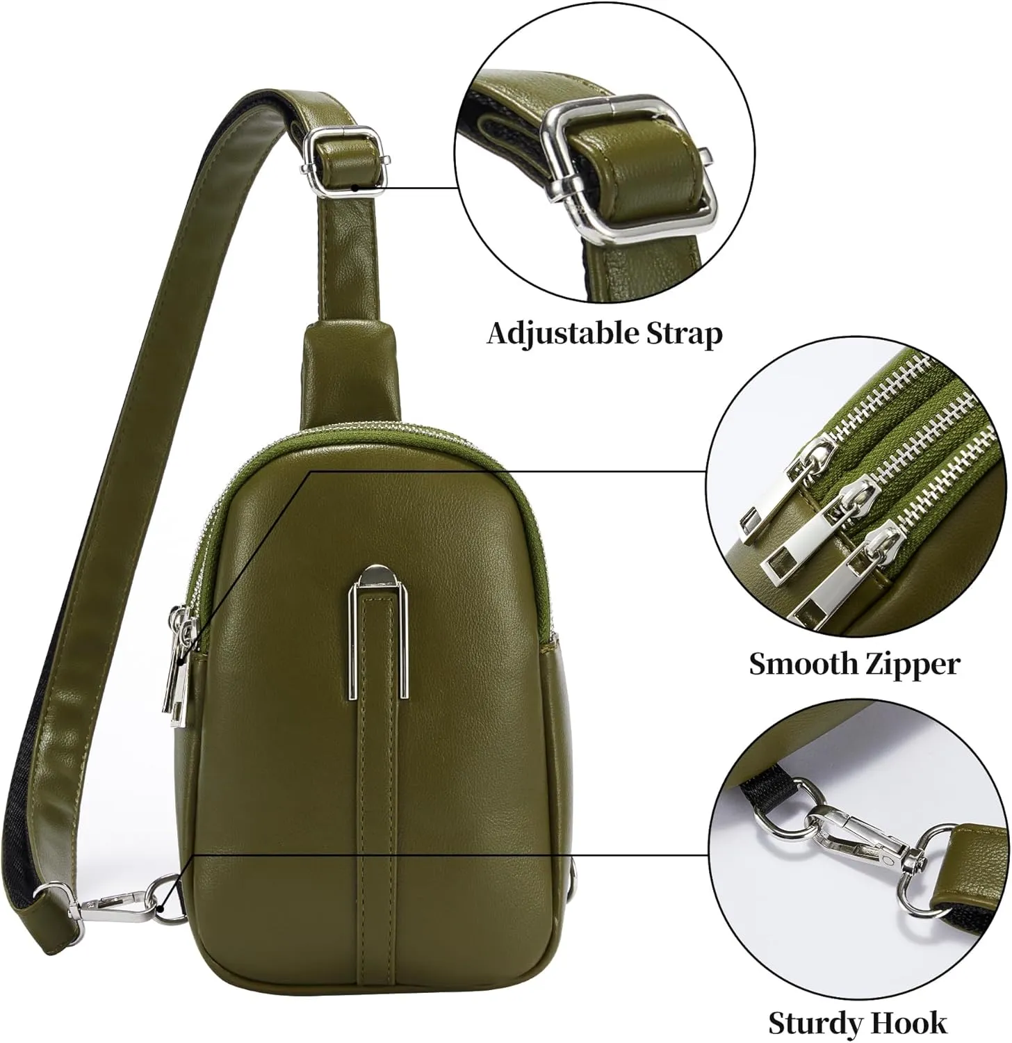 Small Bag for Women Men, PU Leather Crossbody Bag Practical Chest Bag, Travel Purse with Zipper Pockets Adjustable Strap Organizer Bag for Cell Phone Lightweight, Olive Green