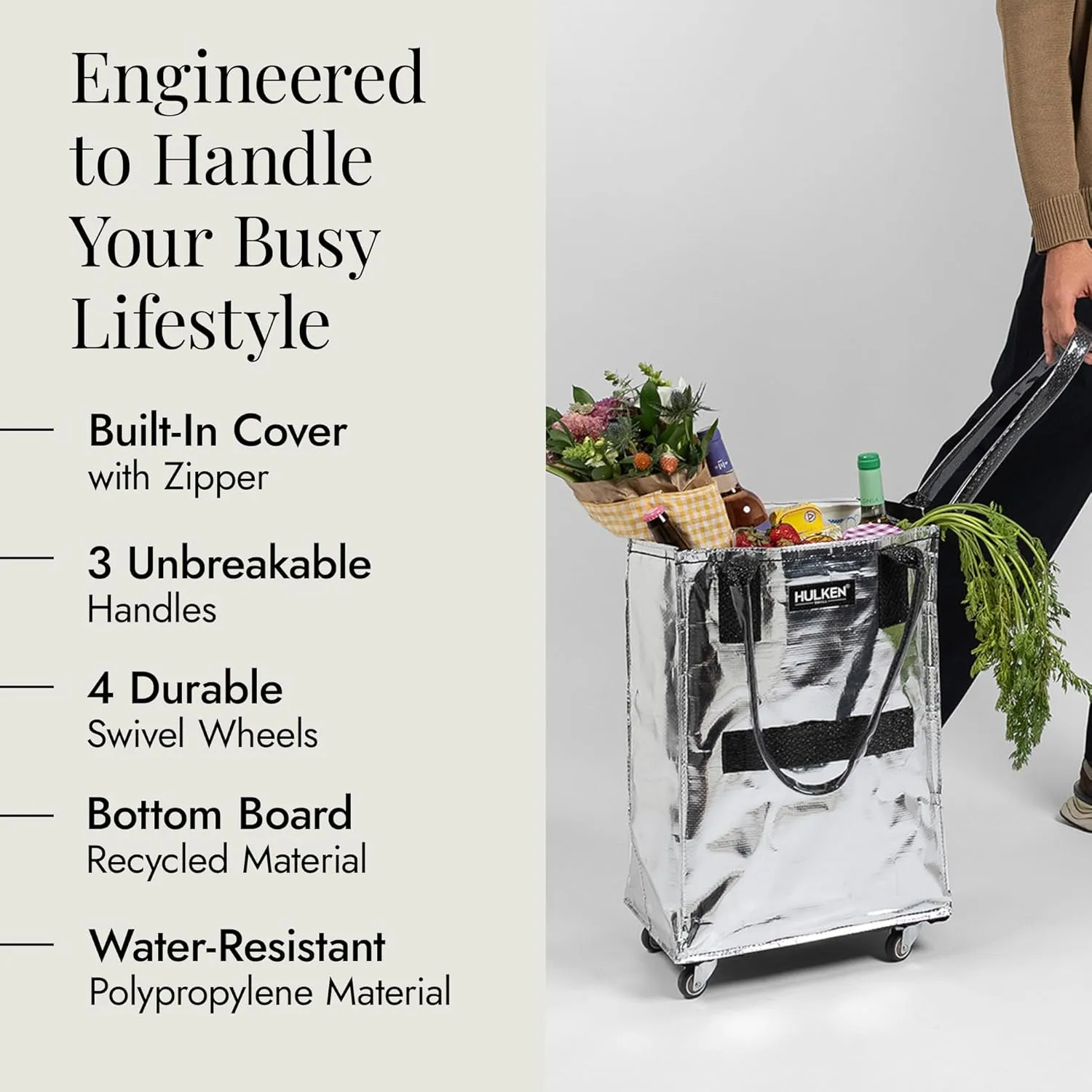 (Small, Silver) Reusable Grocery Bag On Wheels, Shopping Trolley, Rolling Tote, Zipper Closure, Lightweight, Carries Up to 66 lb, Folds Flat