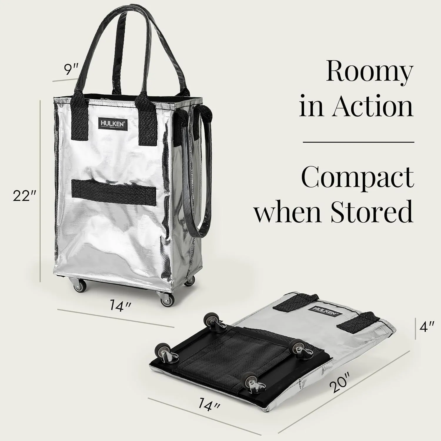 (Small, Silver) Reusable Grocery Bag On Wheels, Shopping Trolley, Rolling Tote, Zipper Closure, Lightweight, Carries Up to 66 lb, Folds Flat