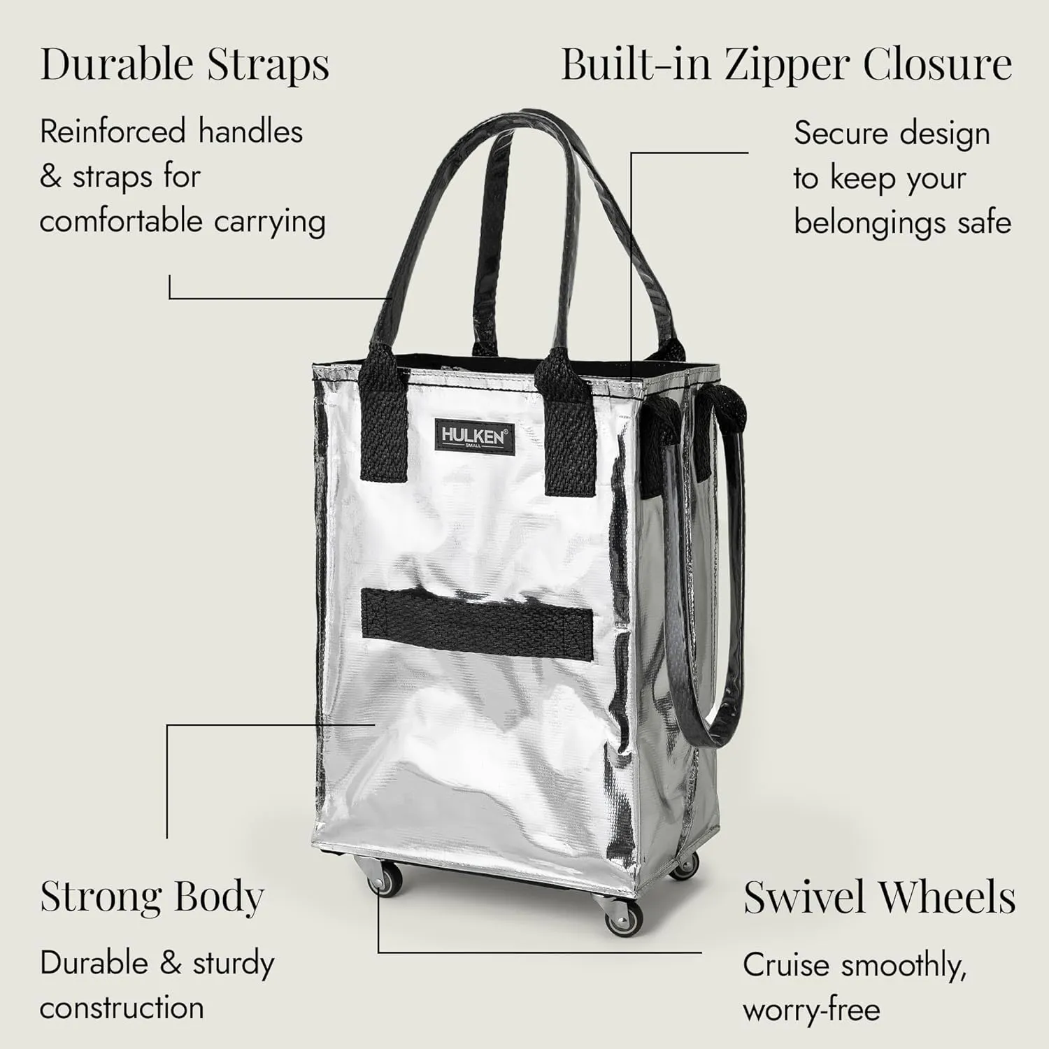 (Small, Silver) Reusable Grocery Bag On Wheels, Shopping Trolley, Rolling Tote, Zipper Closure, Lightweight, Carries Up to 66 lb, Folds Flat
