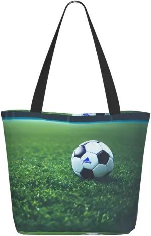 Soccer Ball On Grassy Tote Bag with Zipper for Women Inside Mesh Pocket Heavy Duty Casual Anti-water Cloth Shoulder Handbag Outdoors