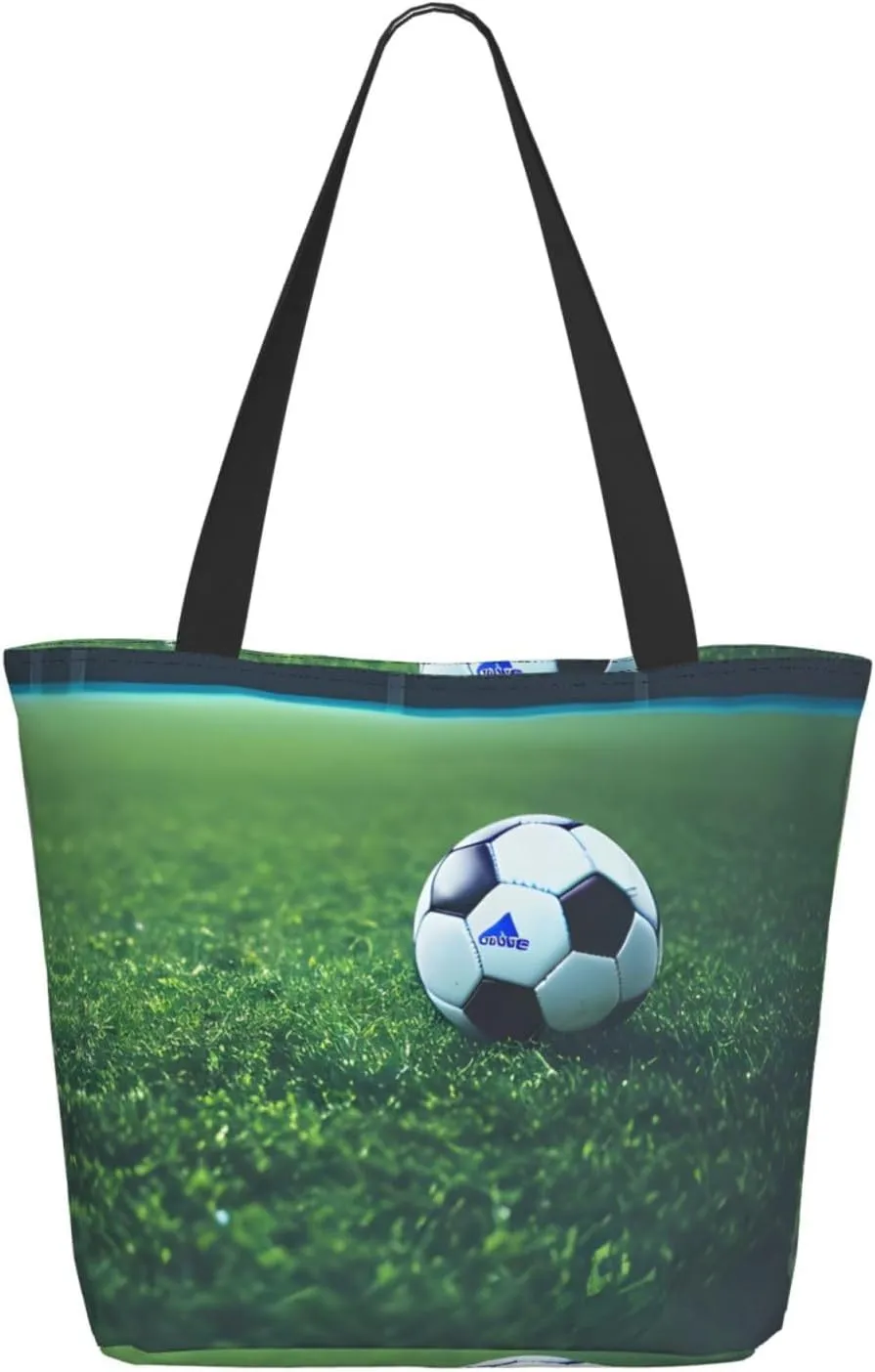 Soccer Ball On Grassy Tote Bag with Zipper for Women Inside Mesh Pocket Heavy Duty Casual Anti-water Cloth Shoulder Handbag Outdoors