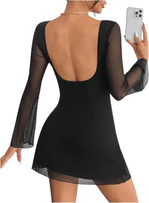 SOLY HUX Women's Mesh Backless Mini Dress Bell Long Sleeve Crew Neck Party Dresses