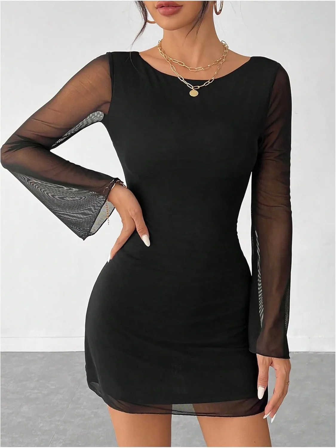SOLY HUX Women's Mesh Backless Mini Dress Bell Long Sleeve Crew Neck Party Dresses