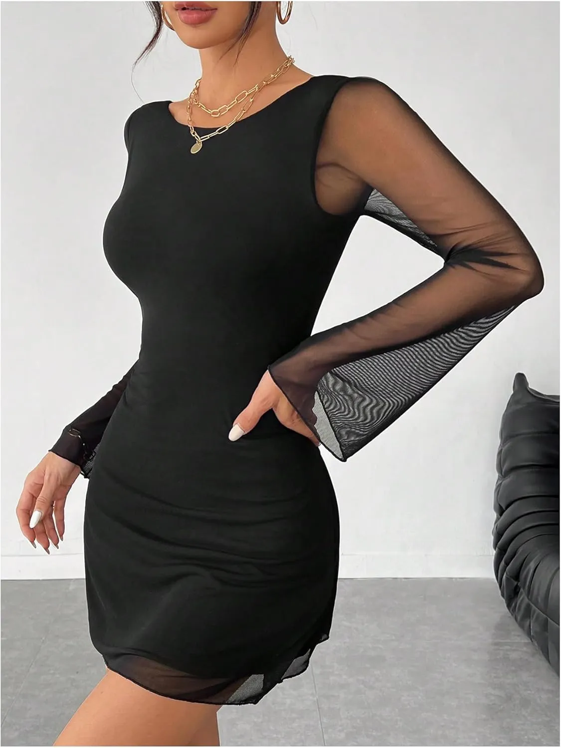 SOLY HUX Women's Mesh Backless Mini Dress Bell Long Sleeve Crew Neck Party Dresses
