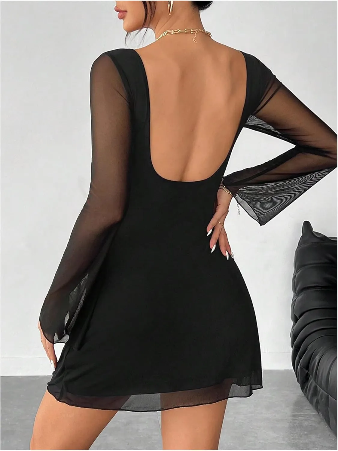 SOLY HUX Women's Mesh Backless Mini Dress Bell Long Sleeve Crew Neck Party Dresses