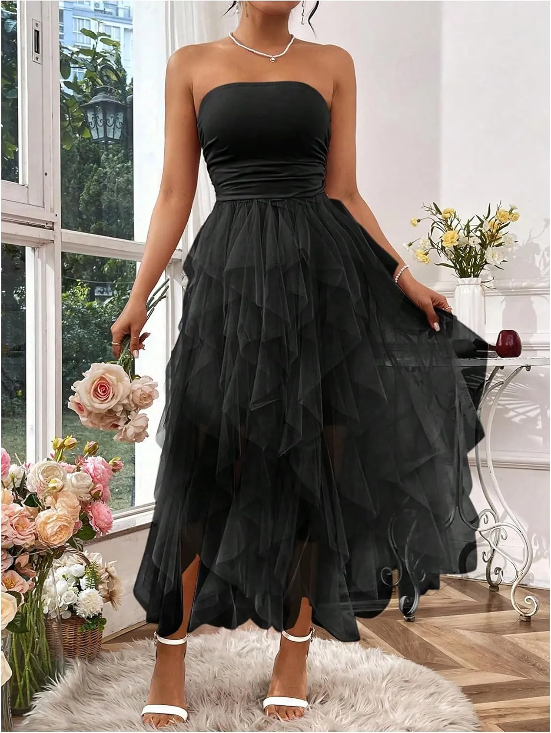 SOLY HUX Women's Mesh Tube Dress Strapless Sleeveless A Line Asymmetrical Long Dresses