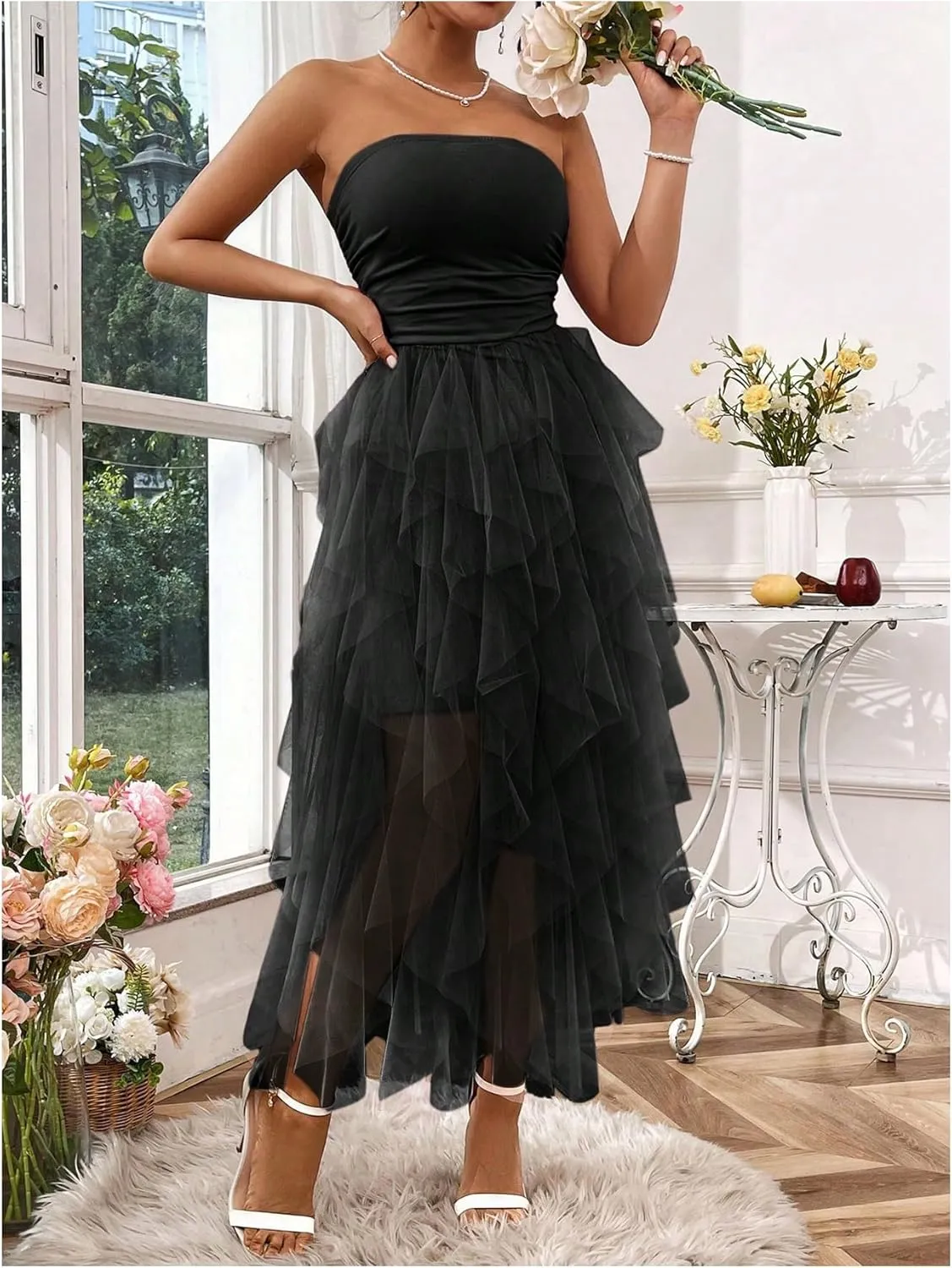 SOLY HUX Women's Mesh Tube Dress Strapless Sleeveless A Line Asymmetrical Long Dresses