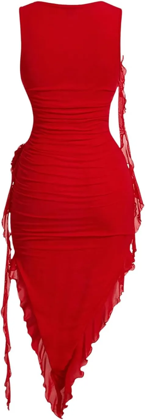 SOLY HUX Women's Sleeveless Floral Appliques Bodycon Dress Mesh Irregular Ruffle Hem Party Dresses