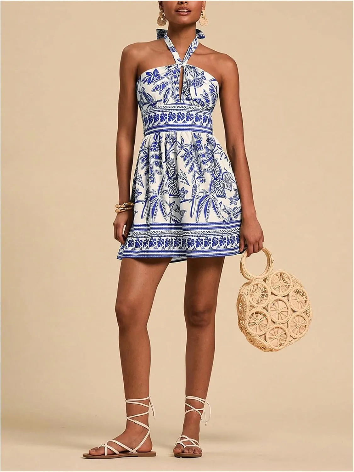 SOLY HUX Women's Sundress Tropical Print Halter Dress Tie Backless Sleeveless A Line Short Summer Dresses