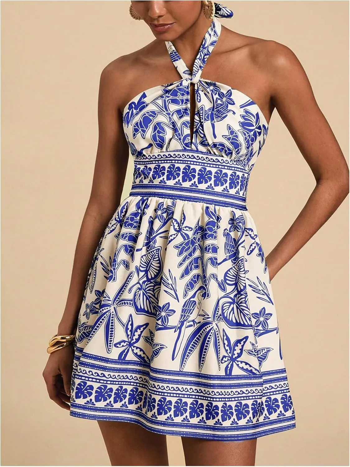 SOLY HUX Women's Sundress Tropical Print Halter Dress Tie Backless Sleeveless A Line Short Summer Dresses