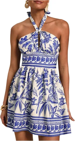 SOLY HUX Women's Sundress Tropical Print Halter Dress Tie Backless Sleeveless A Line Short Summer Dresses
