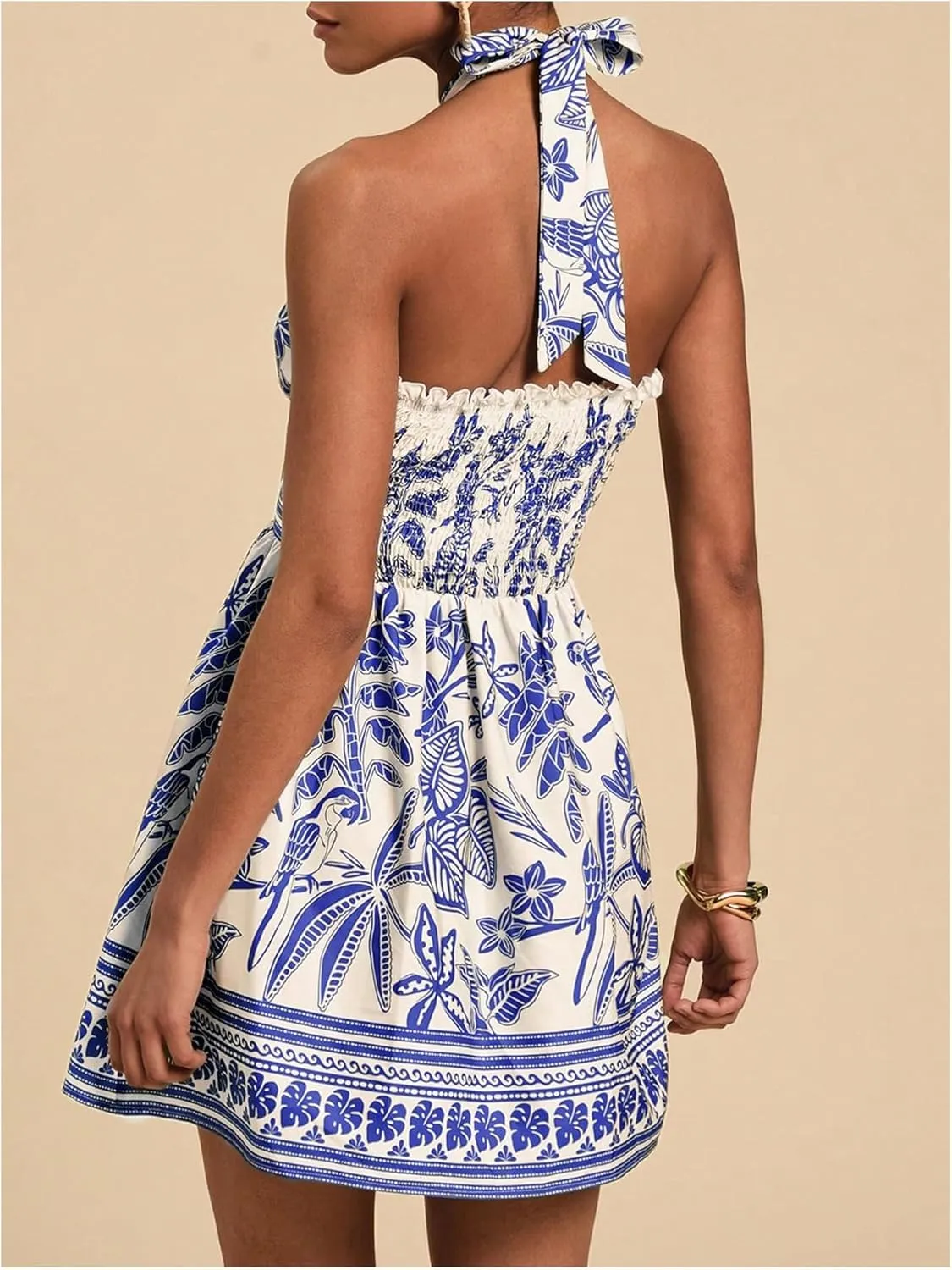 SOLY HUX Women's Sundress Tropical Print Halter Dress Tie Backless Sleeveless A Line Short Summer Dresses