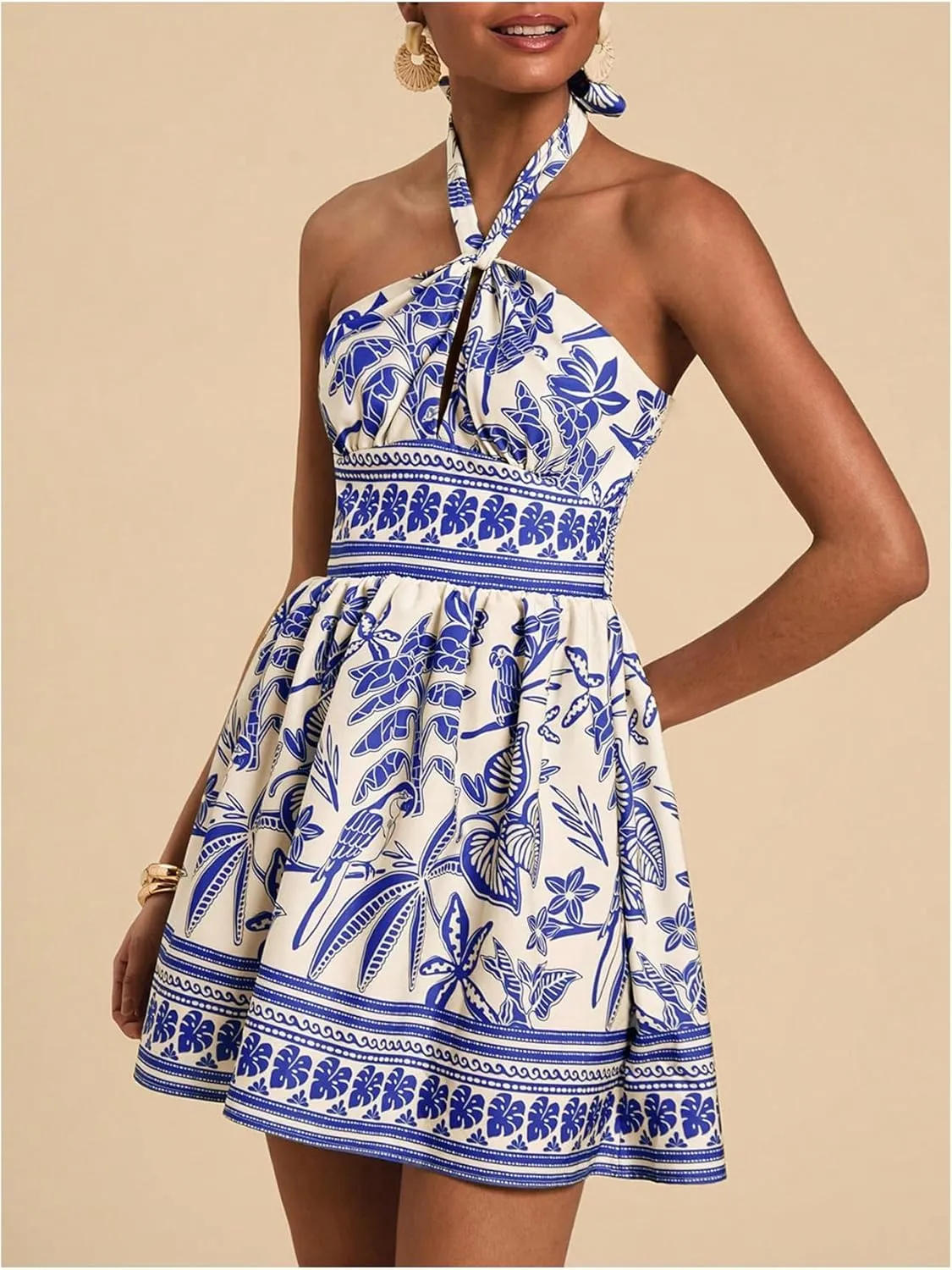 SOLY HUX Women's Sundress Tropical Print Halter Dress Tie Backless Sleeveless A Line Short Summer Dresses