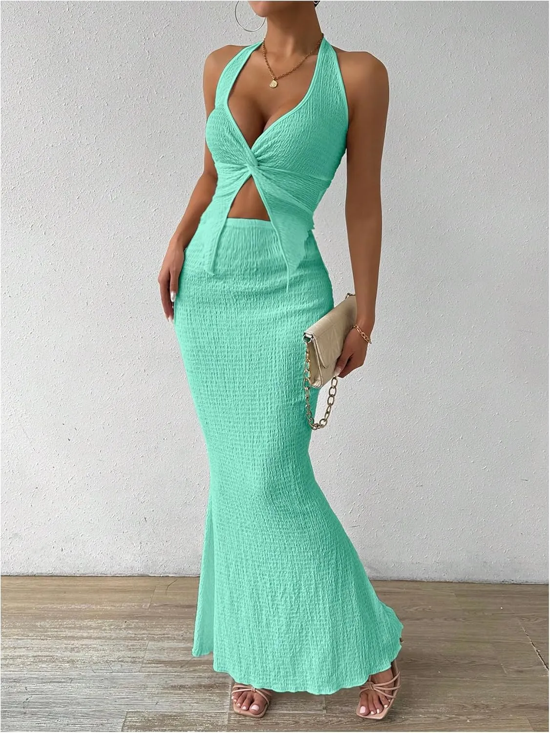 SOLY HUX Women's Two Piece Outfits Twist Front Halter Cami Tops and Skirt Summer Set