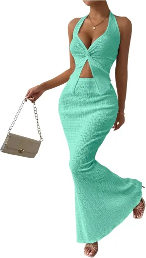 SOLY HUX Women's Two Piece Outfits Twist Front Halter Cami Tops and Skirt Summer Set