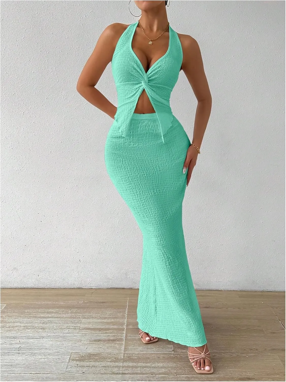 SOLY HUX Women's Two Piece Outfits Twist Front Halter Cami Tops and Skirt Summer Set