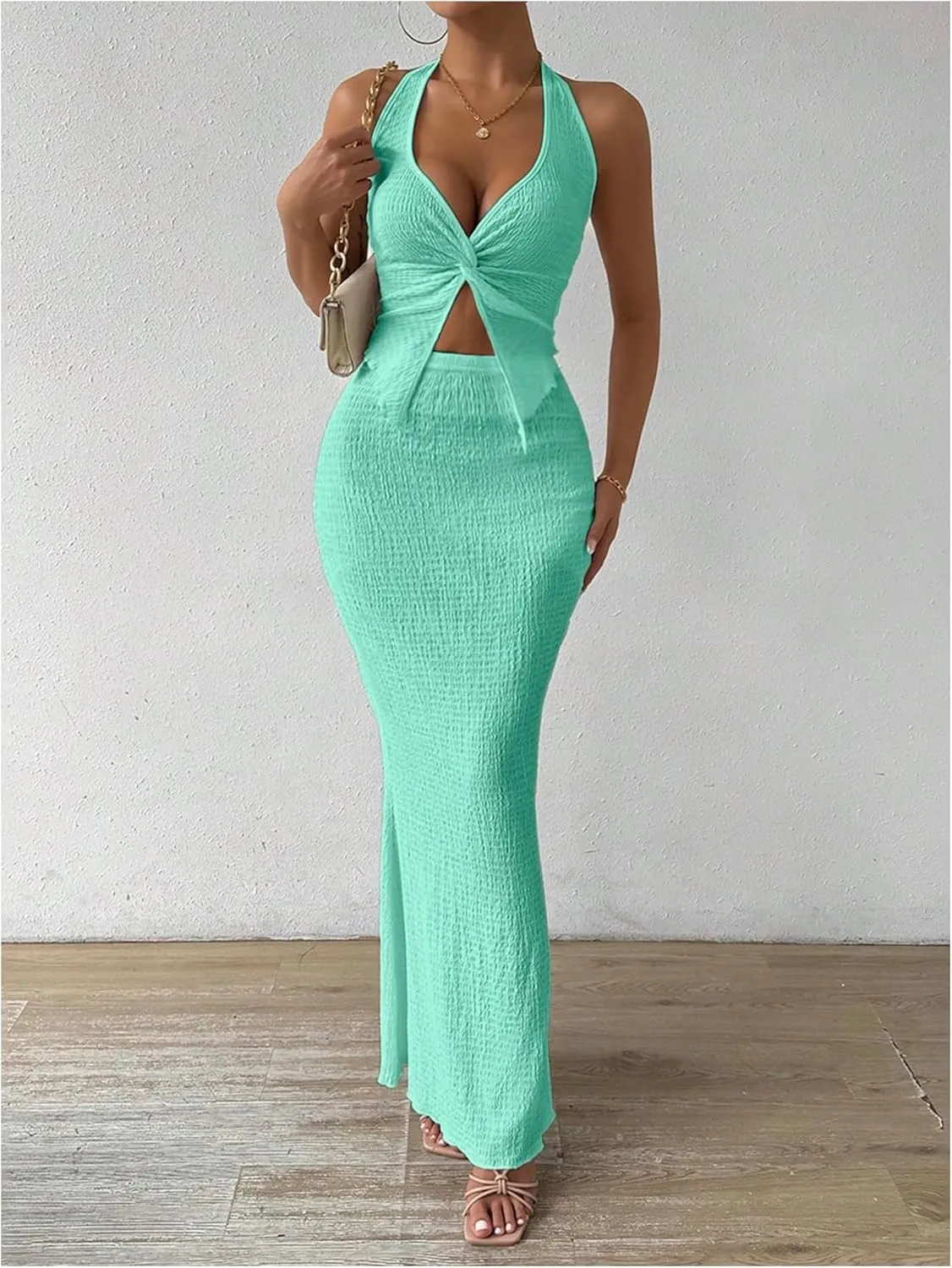 SOLY HUX Women's Two Piece Outfits Twist Front Halter Cami Tops and Skirt Summer Set
