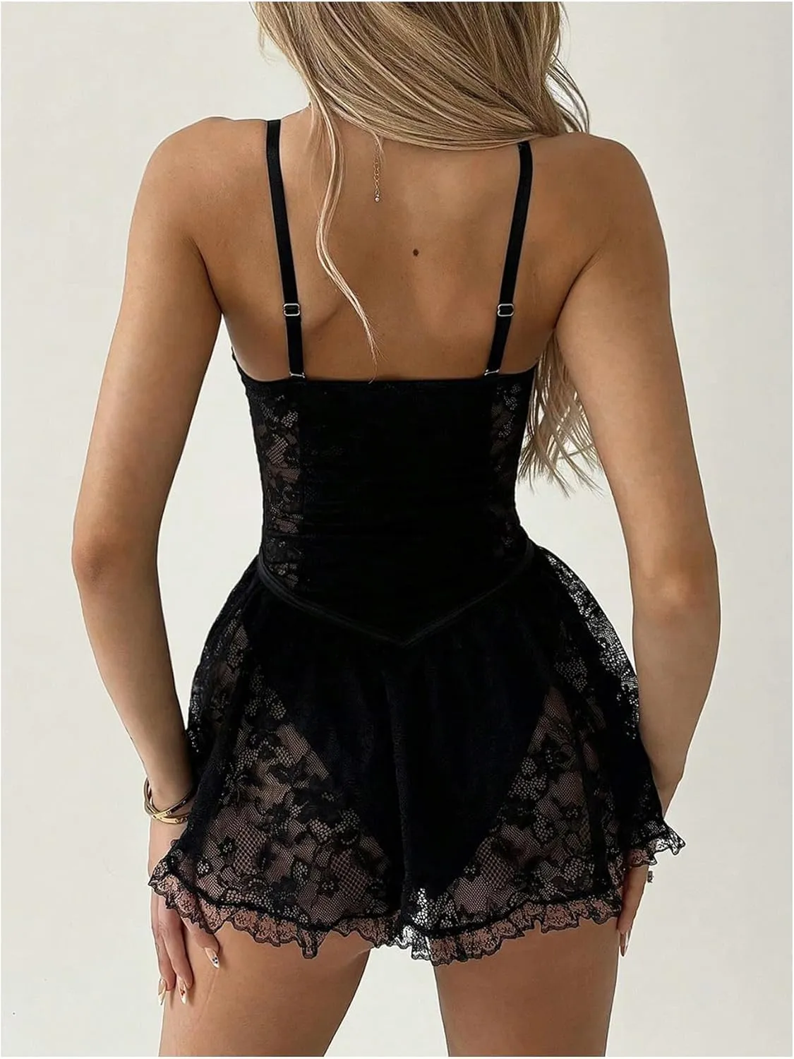 SOLY HUX Women's Y2k Lace Mini Dress Spaghetti Strap Corset Ruffle Hem Party Club Dresses