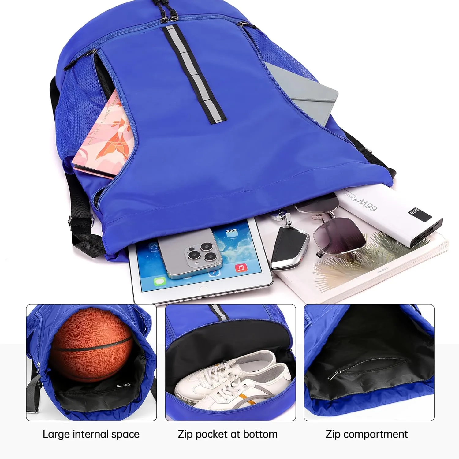 Sport Gym Bag Water Resistant Drawstring Backpack for Men Women with Shoes Compartment (Blue)